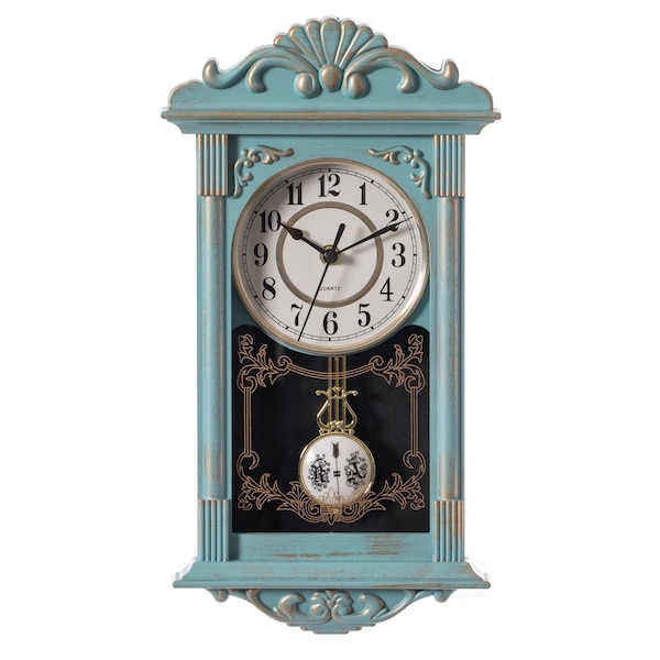 Quickway Imports Vintage Grandfather Wood- Looking Plastic Pendulum Wall Clock for Living, Kitchen, or Dining, Blue QI004145.BL - main